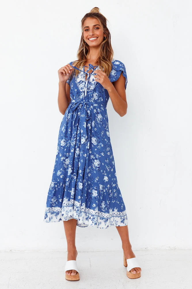 Wind Flower Midi Dress Blue