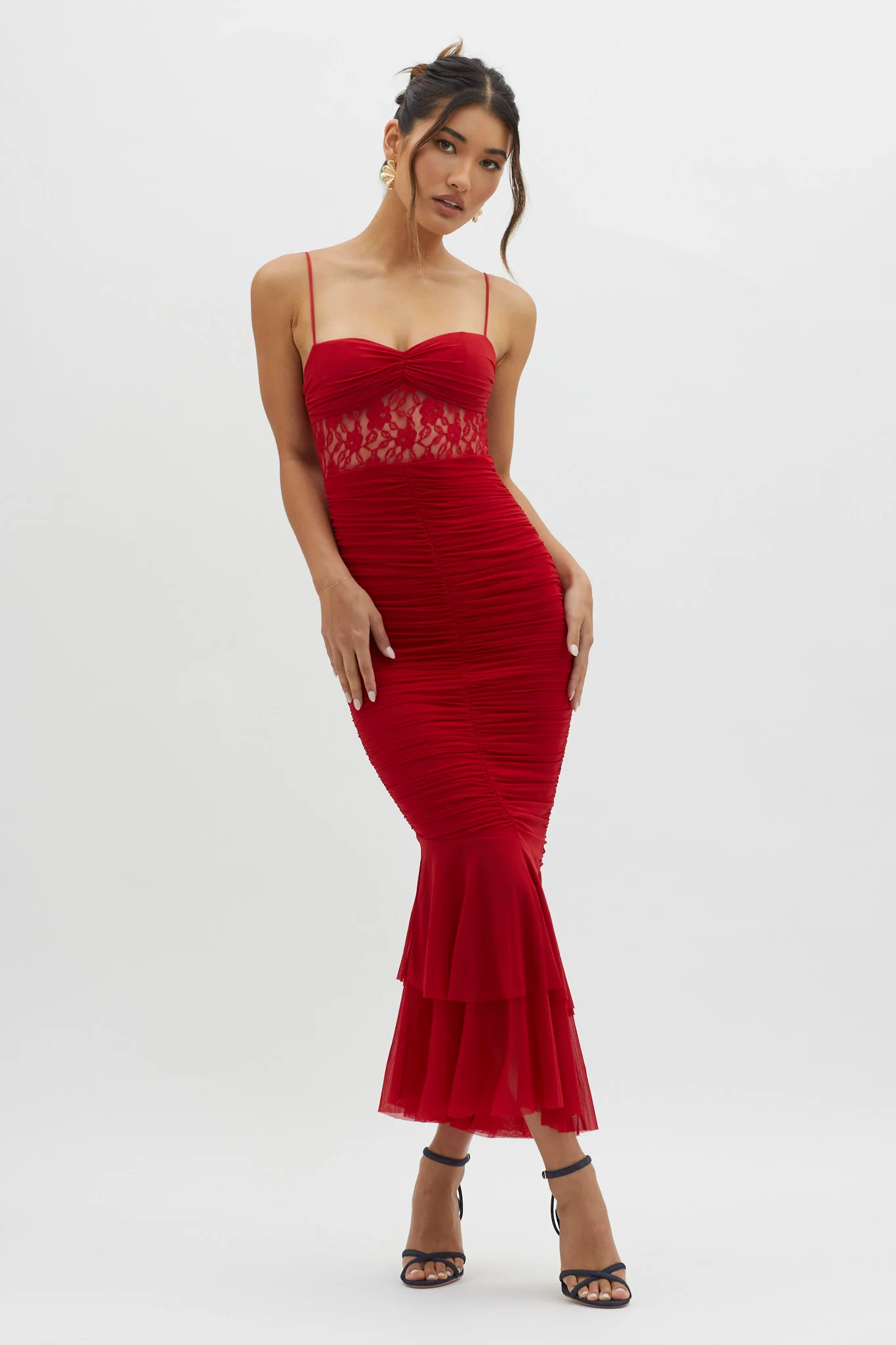 Cherubim Lace Insert Ruched Midi Dress Red