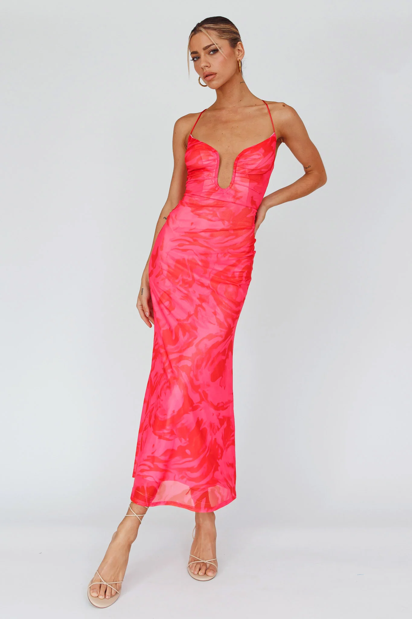 Nouveau U-Neckline Midi Dress Marbled Pink