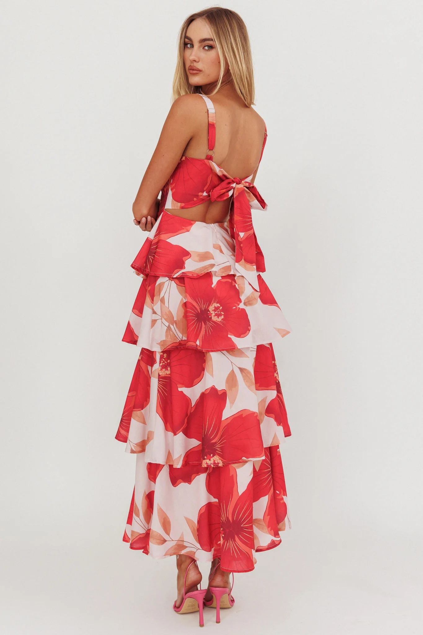 Provence Bloom Tiered Ruffle Floral Maxi Dress Blush