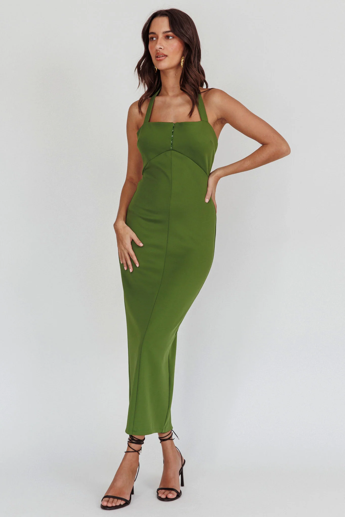 Goldfoil Halter Neck Maxi Dress Olive
