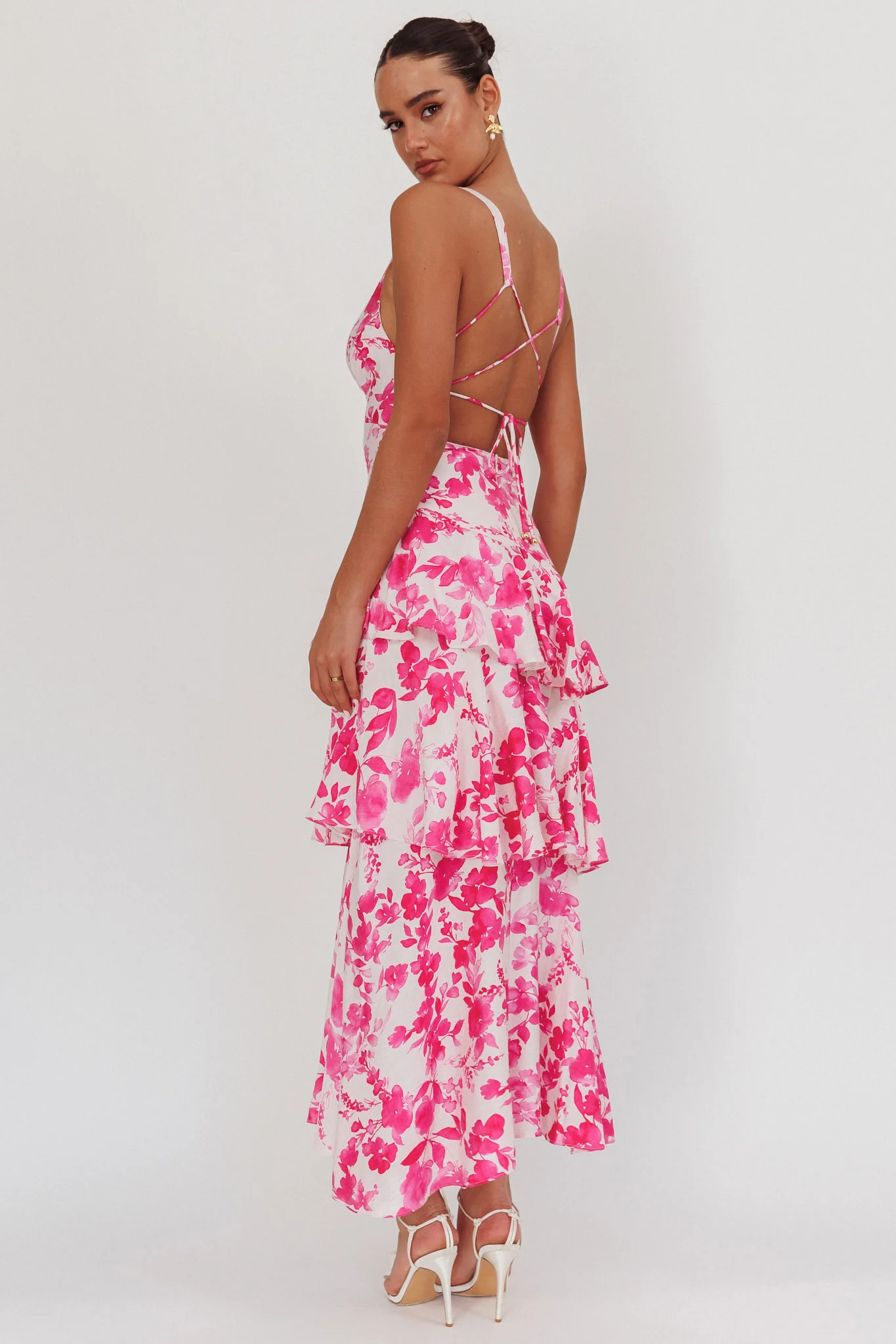 Veda Strappy Back Ruffle Maxi Dress Floral Fuchsia