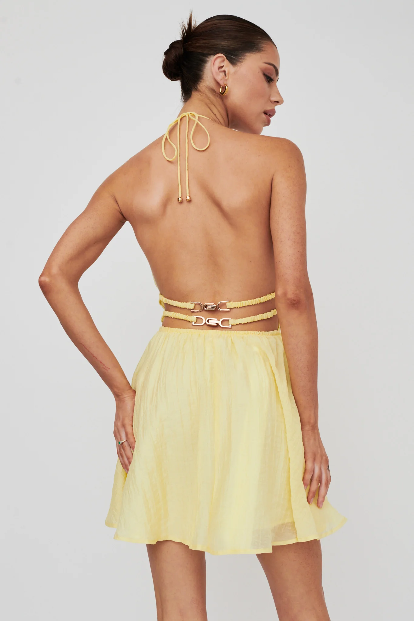 Cyndi Open Back Halterneck Mini Dress Lemon