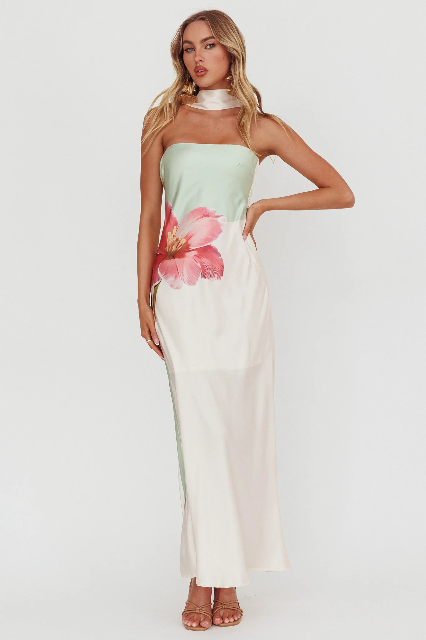 Damsel Reverse Halter Maxi Dress Flower Green