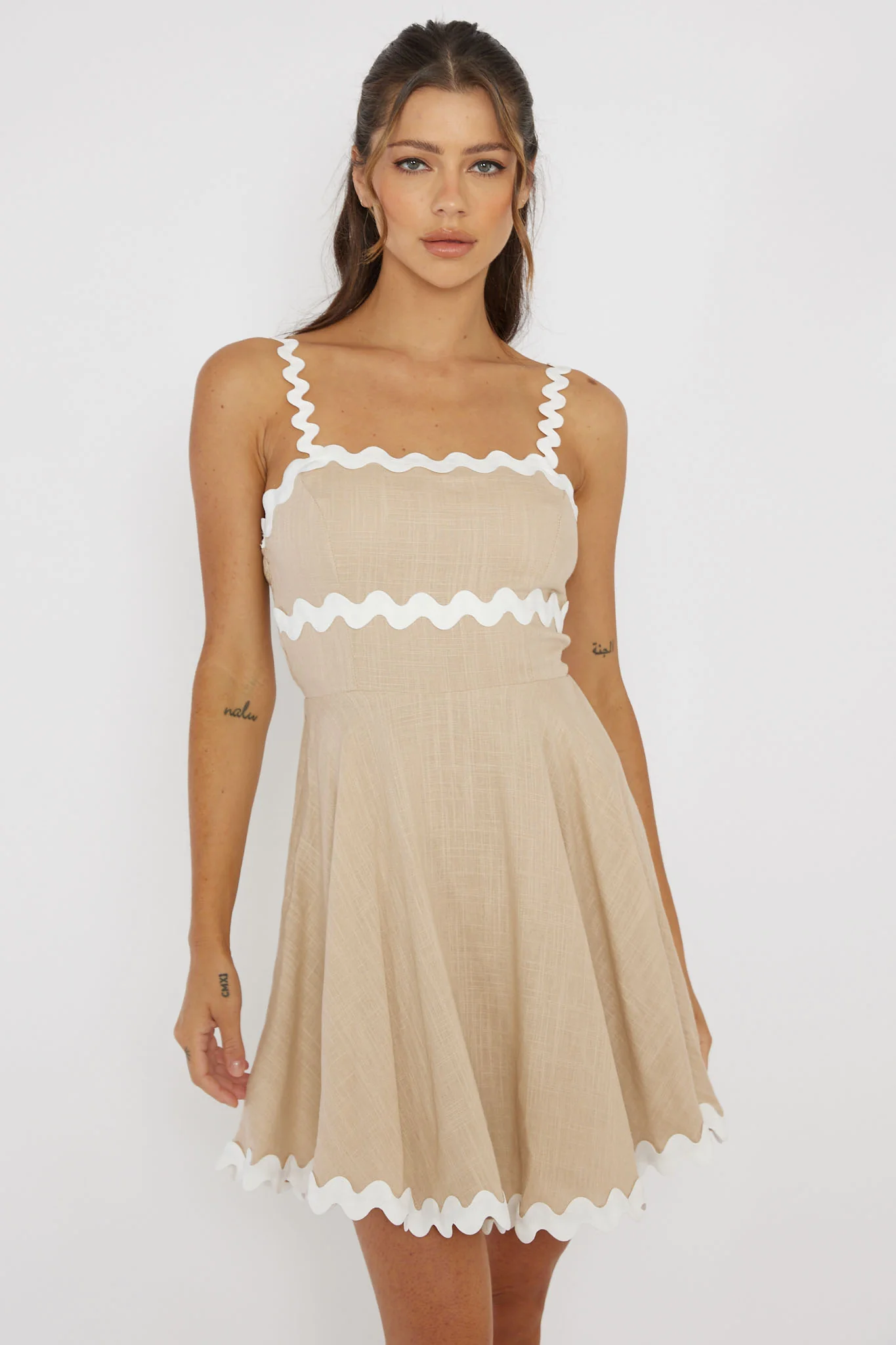 Won Me Over Ric Rac Trim Mini Dress Beige
