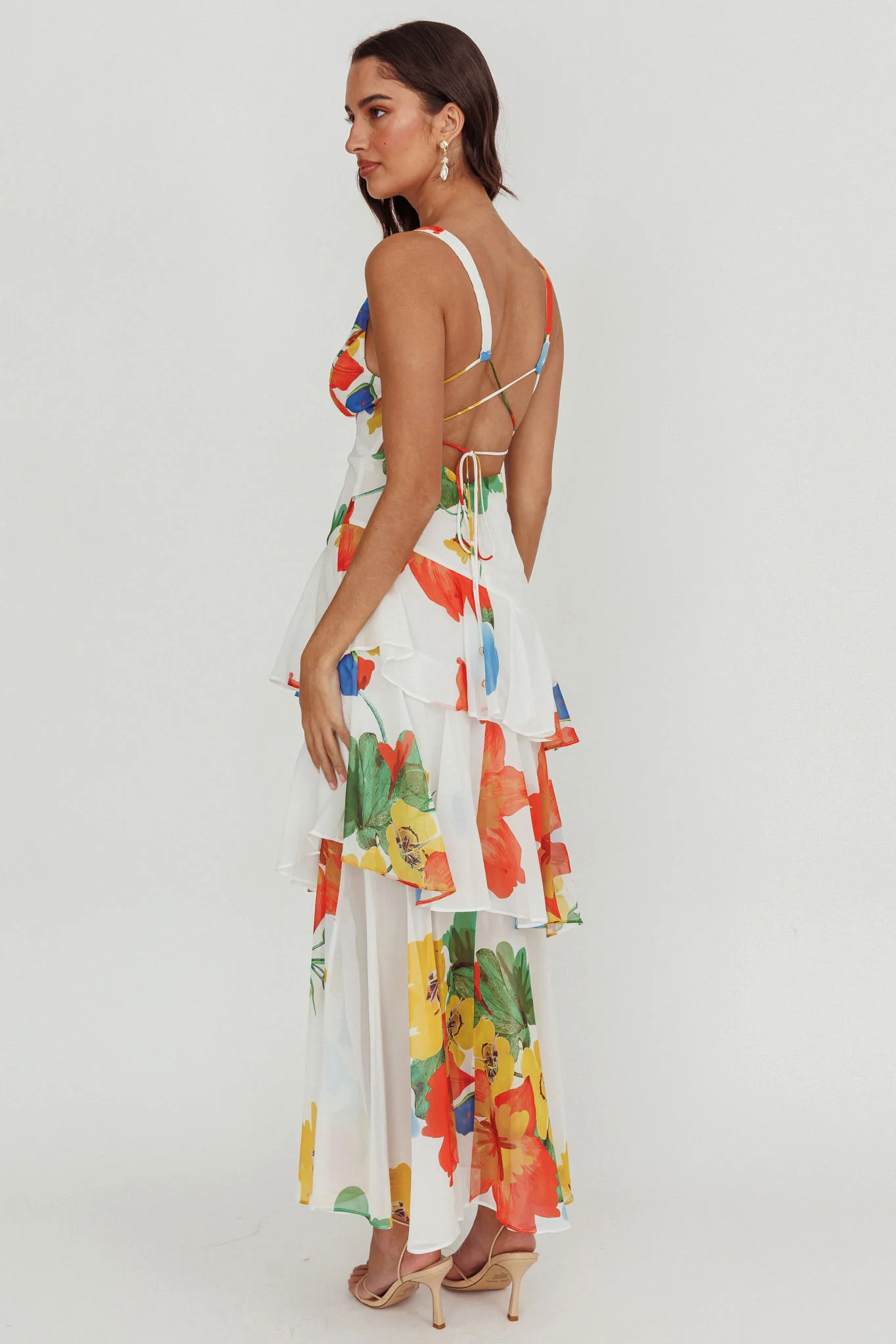 Veda Strappy Back Ruffle Maxi Dress White