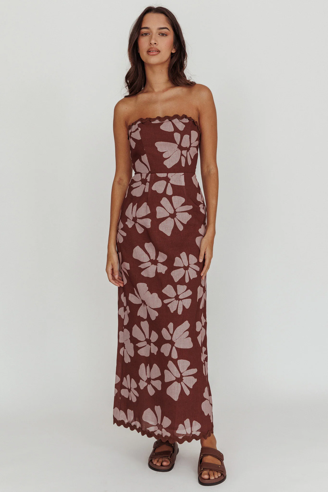 Cypress Floral Strapless Maxi Dress Brown
