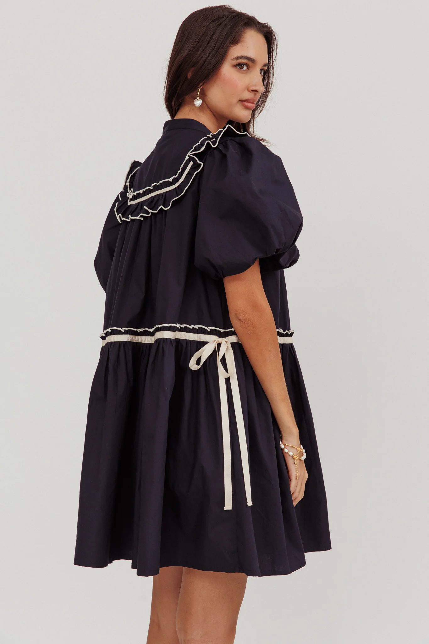 Late Spring Puff Sleeves Ruffle Mini Dress Navy