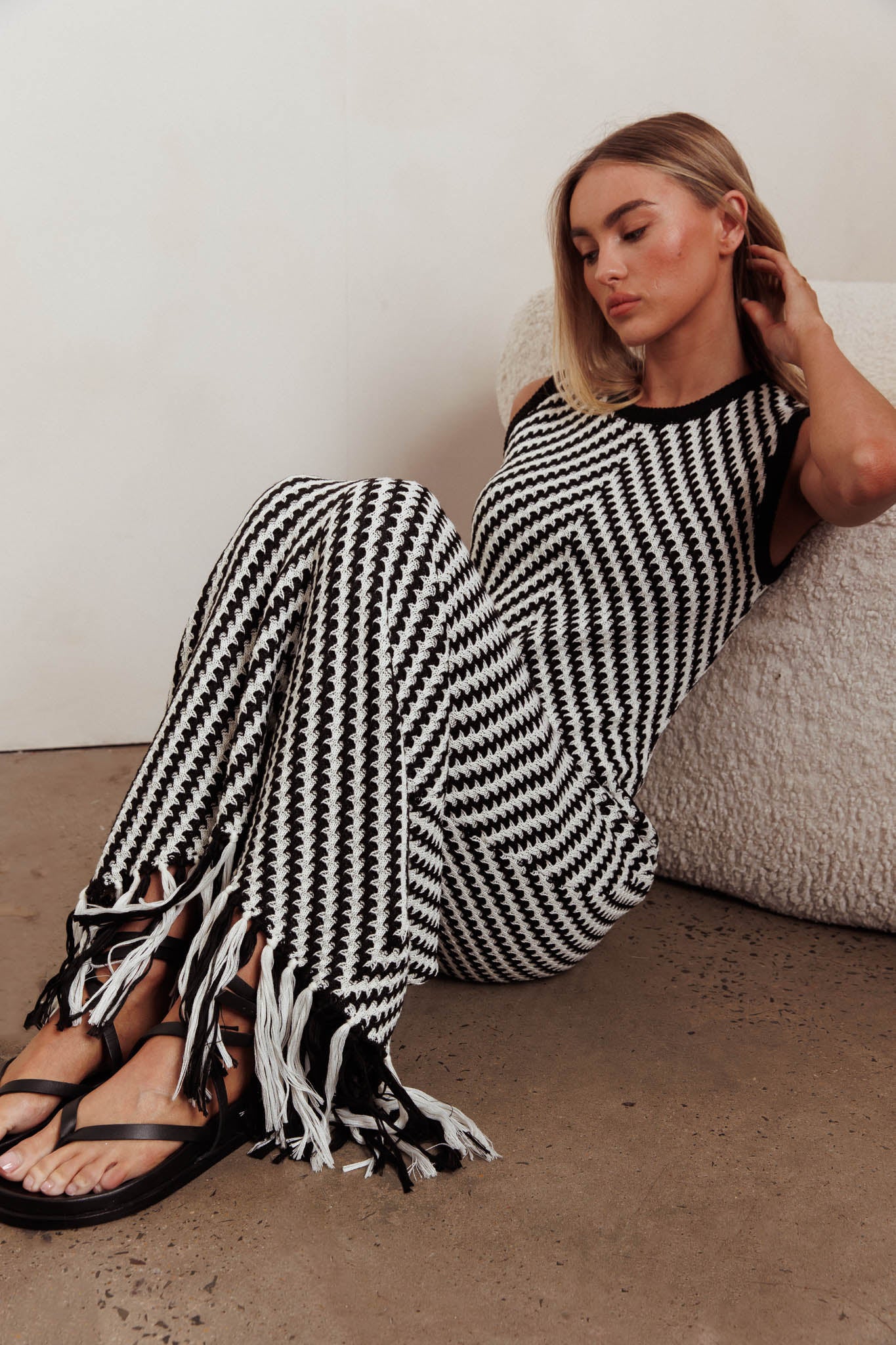 Same Place Fringed Knit Maxi Dress Black