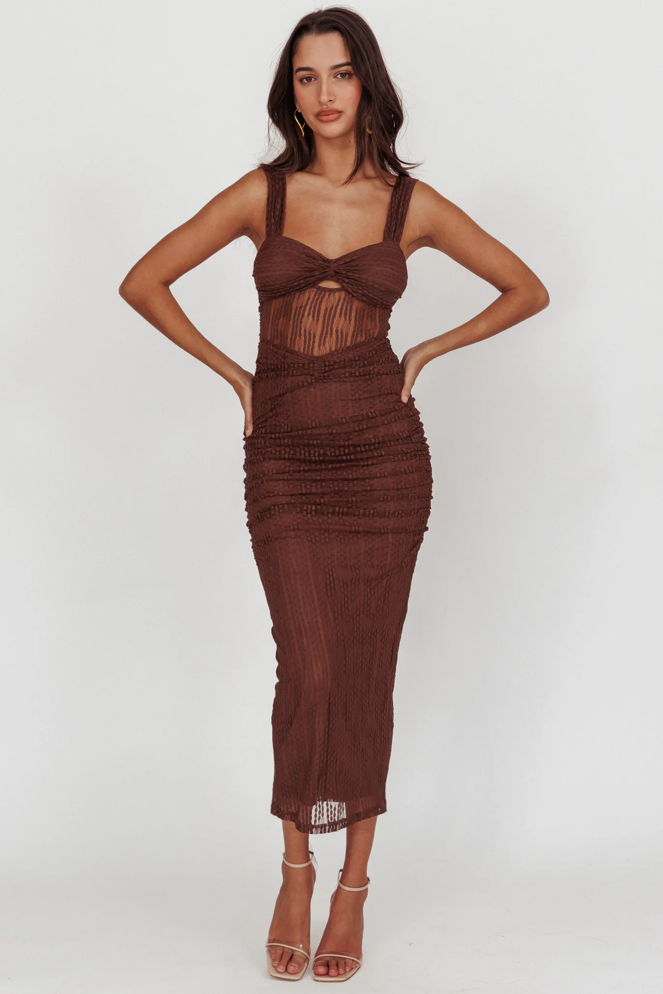 Oliana Embroidered Mesh Midi Dress Chocolate
