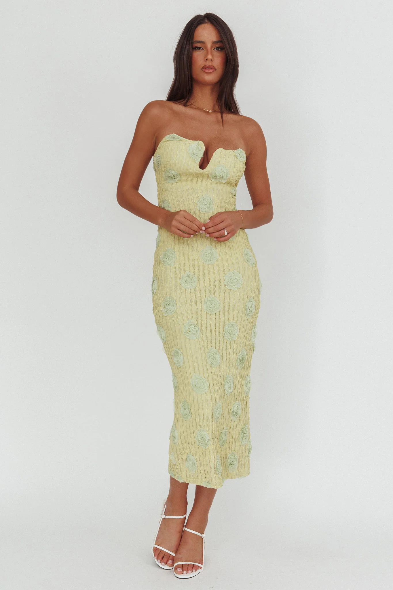 Horizon Strapless Textured Floral Midi Dress Green