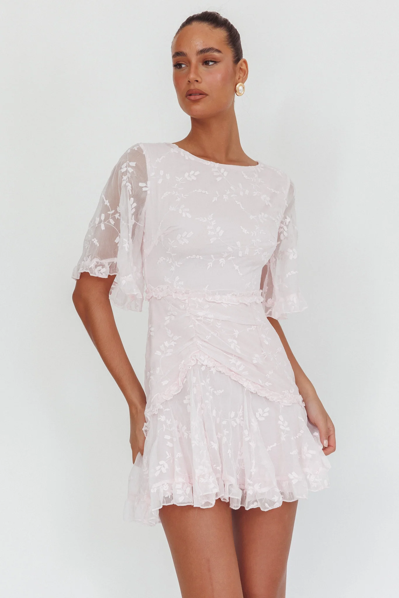 Leona Half Sleeve Frill Trim Dress Embroidered Blush