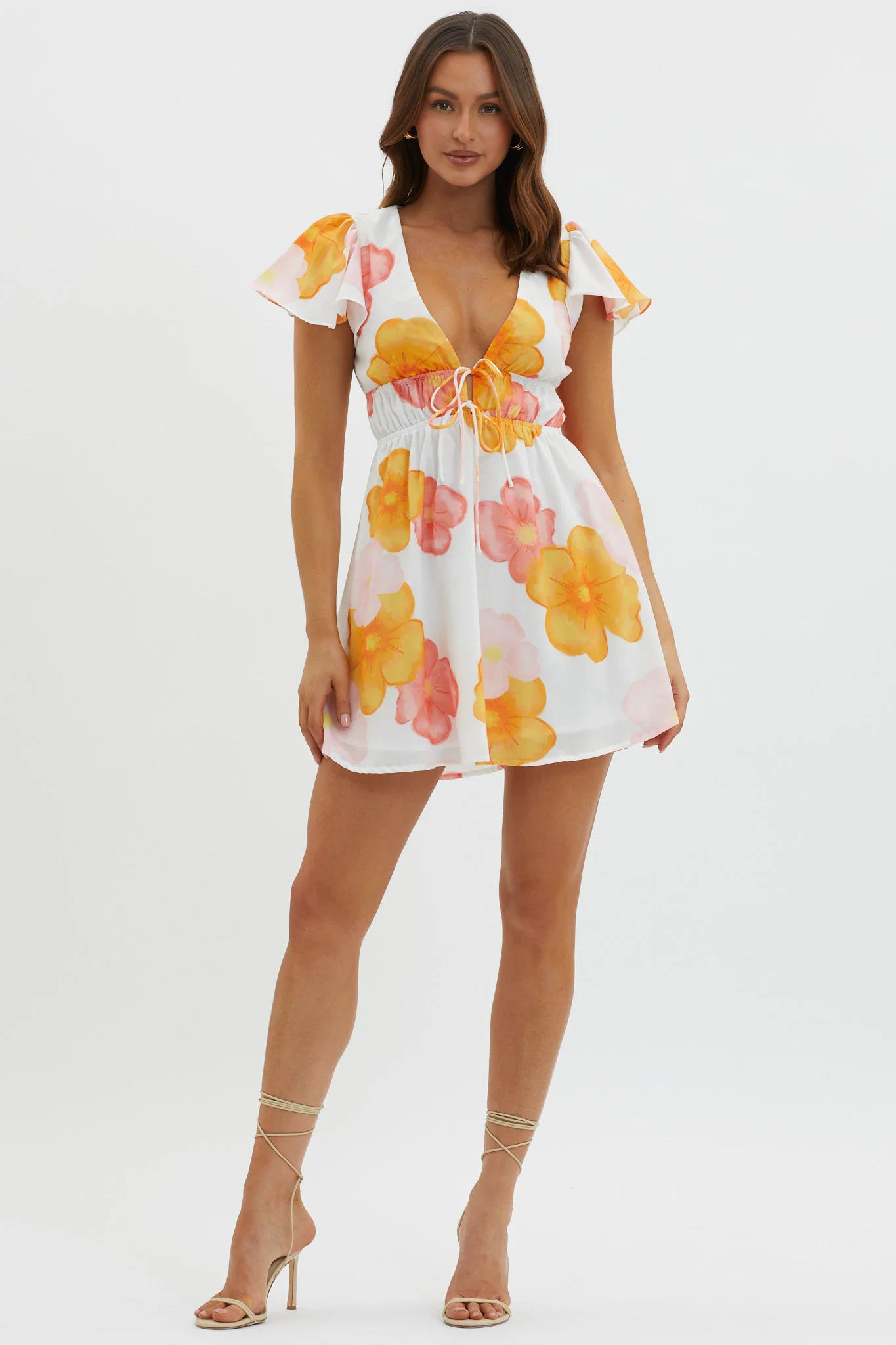 Carnivale Angel Sleeve Mini Dress Floral Orange