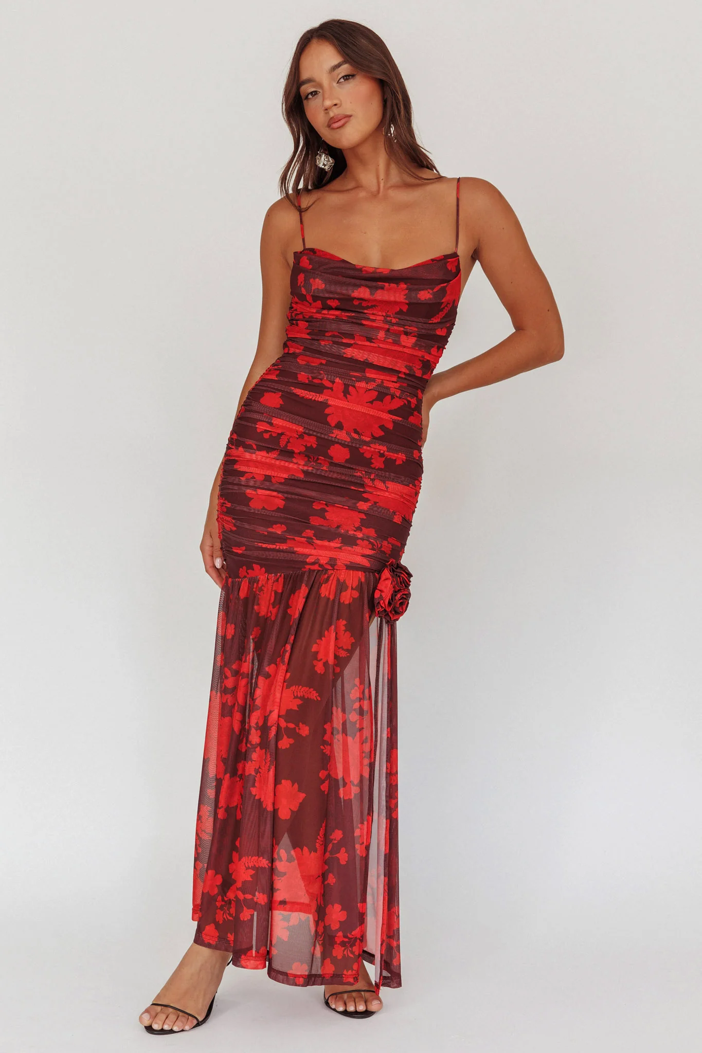 Stole The Show Ruched Mesh Maxi Dress Floral Red