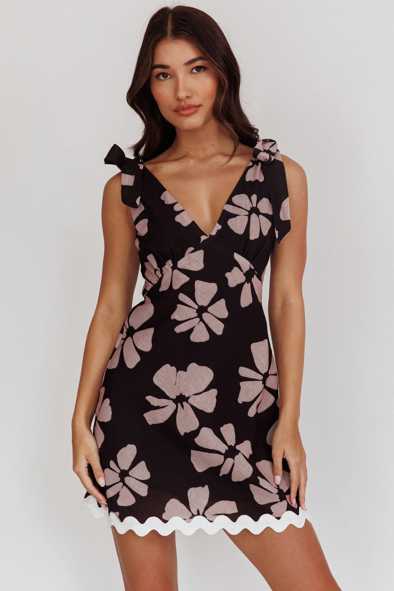 Mykonos Morning Tied Shoulder Mini Dress Floral Black
