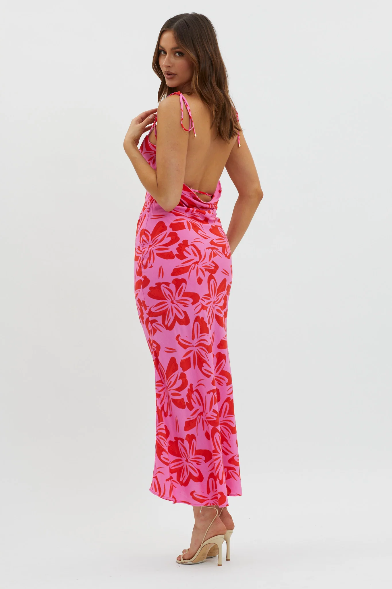 Luau Tied Shoulder Print Dress Pink
