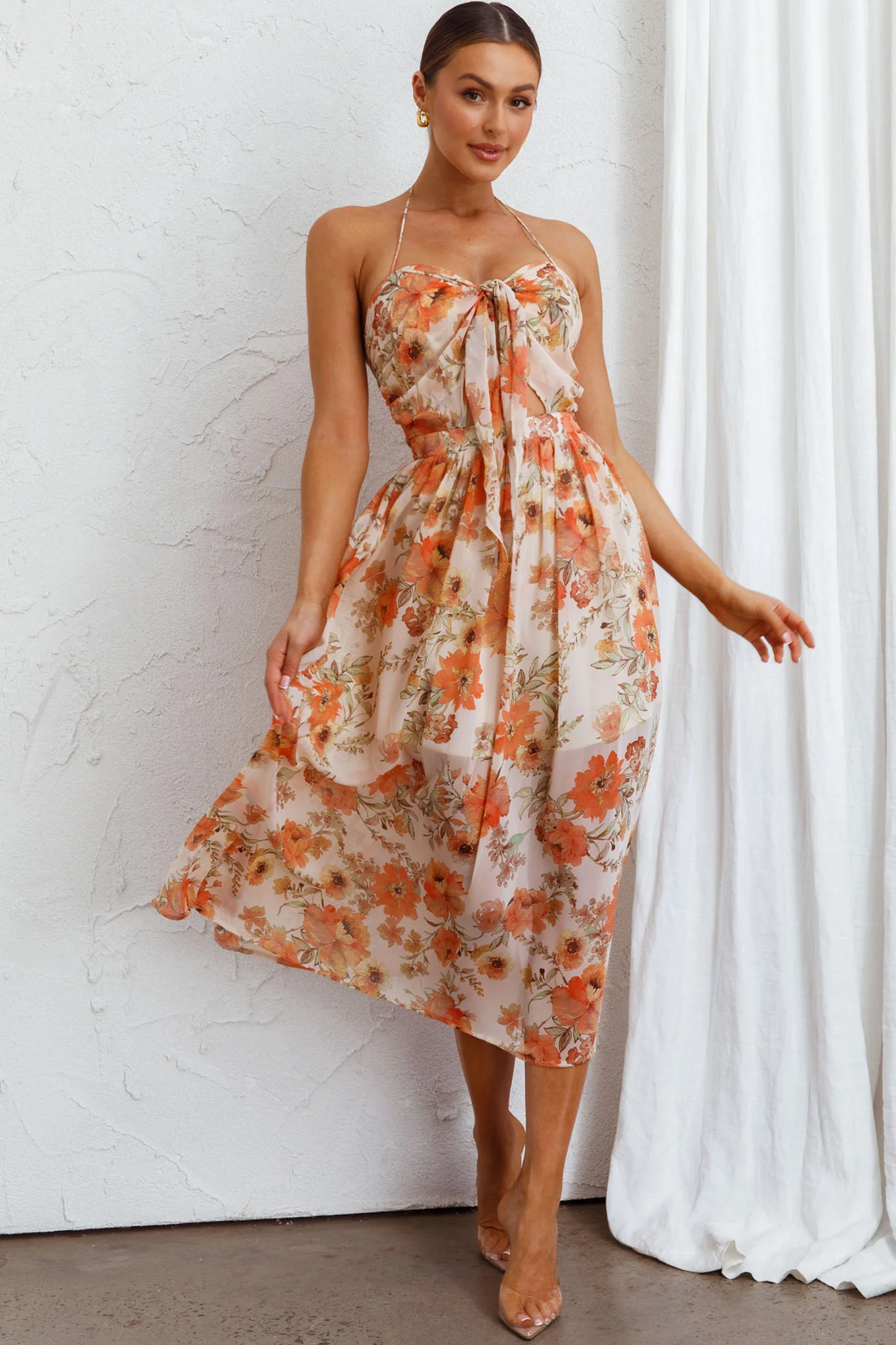 Los Feliz Tied Bust Halterneck Midi Dress Floral Beige