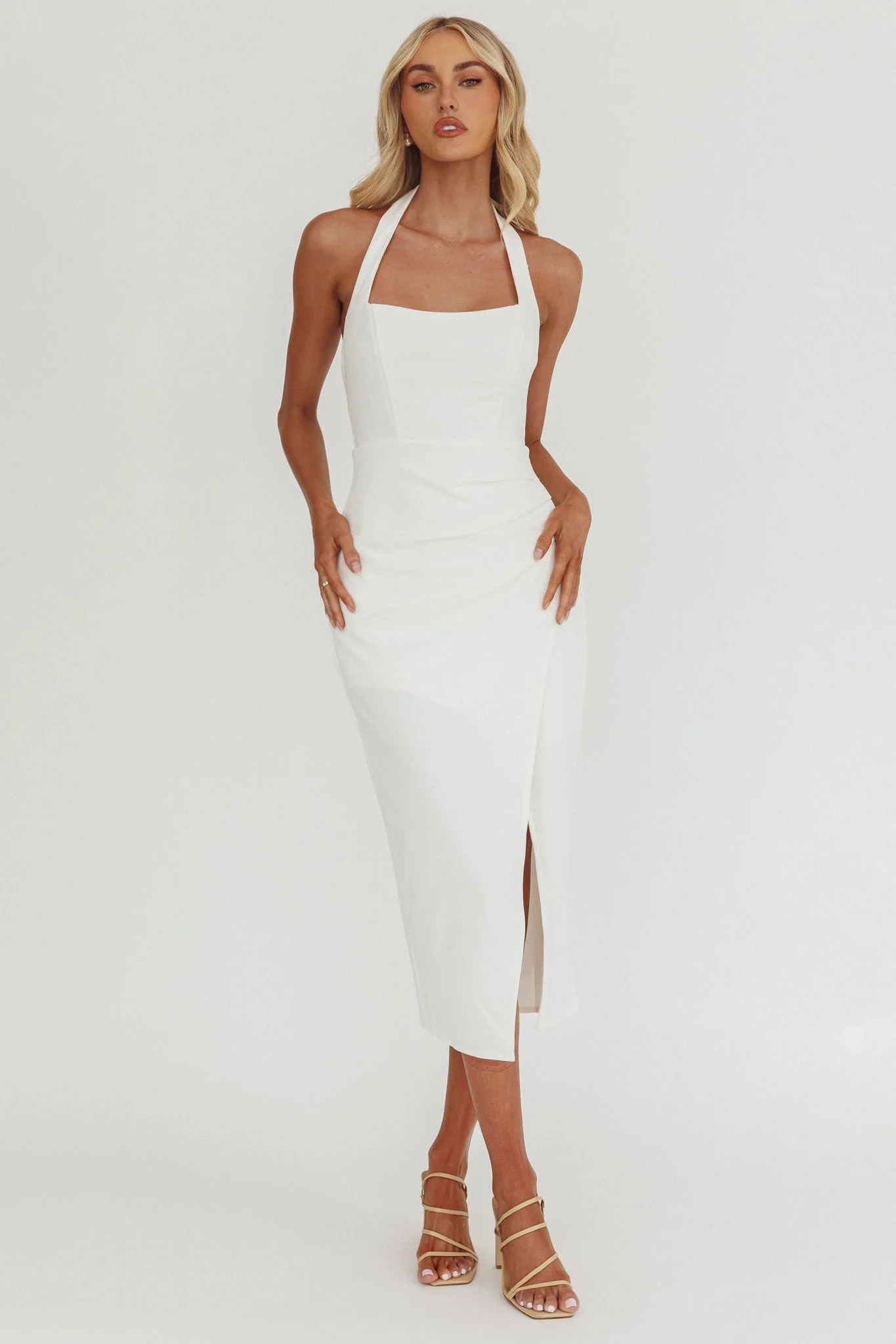 Remember This Halterneck Gathered Pleat Side Knee Length Dress White