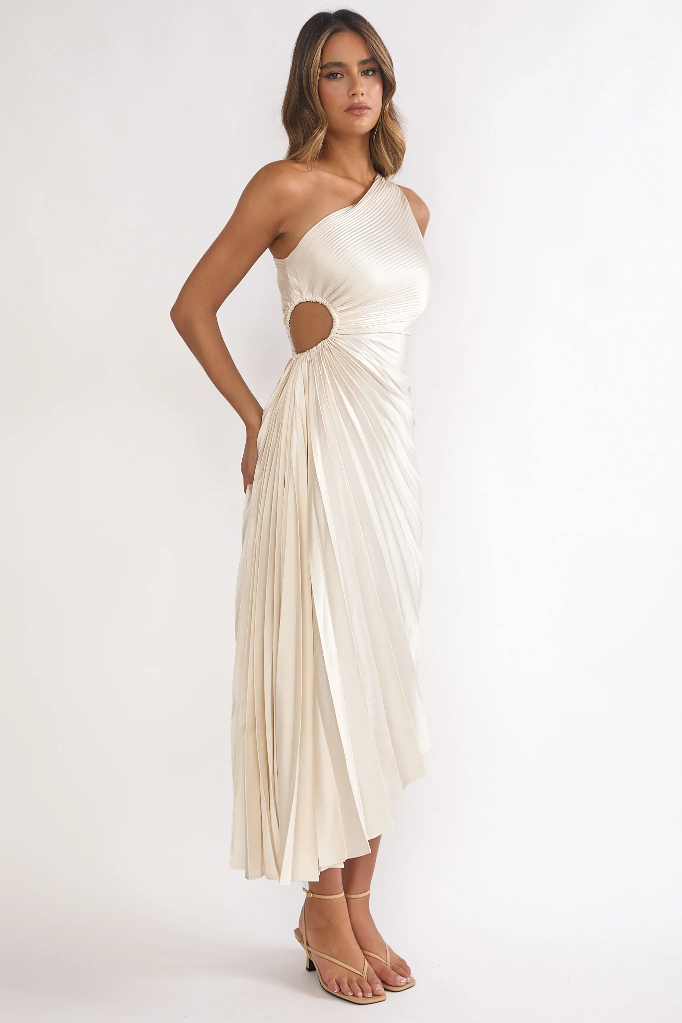 Brooklynn One-Shoulder Accordion Pleat Dress Champagne