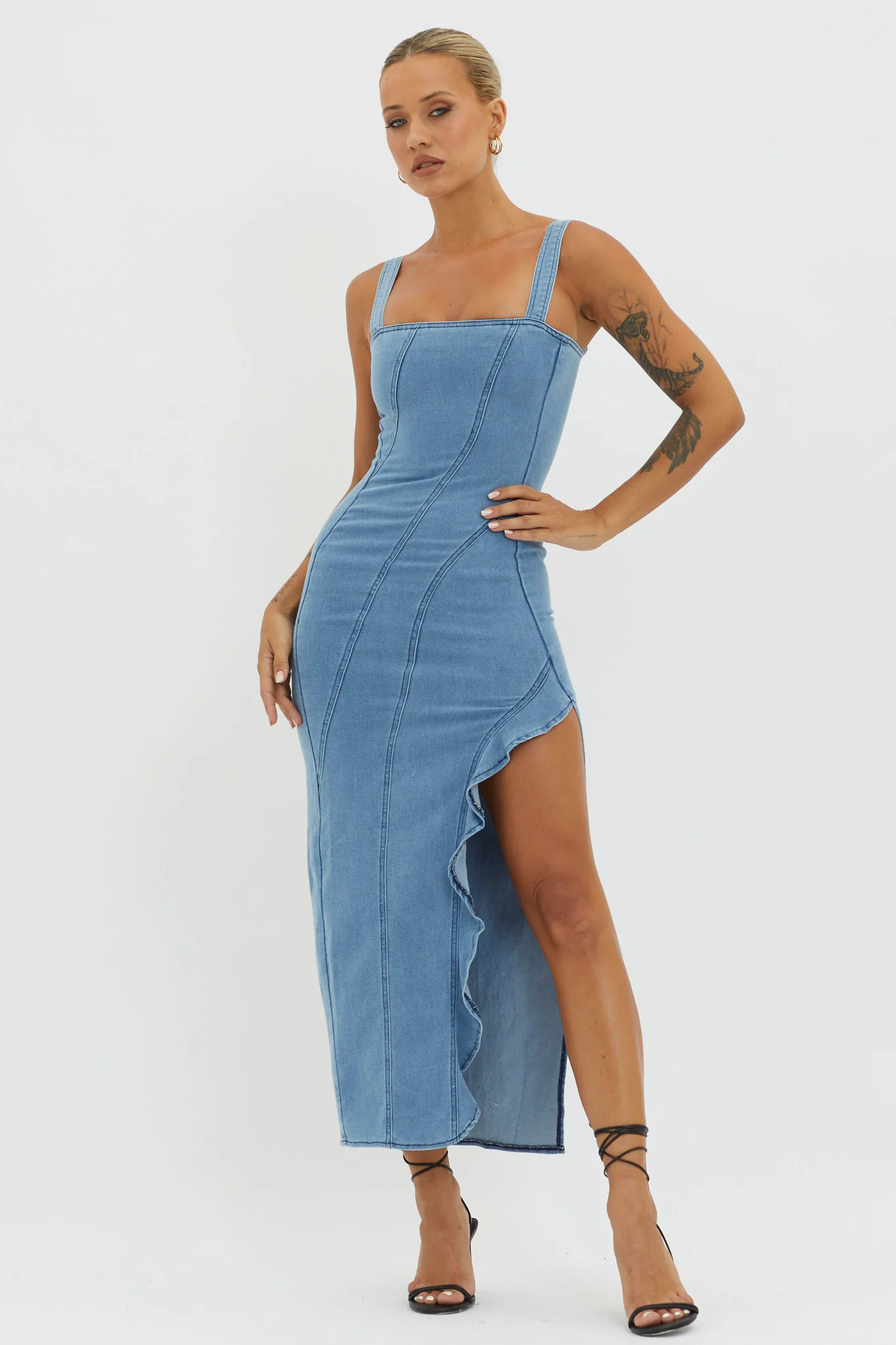 Catriona Ruffle Split Midi Dress Denim