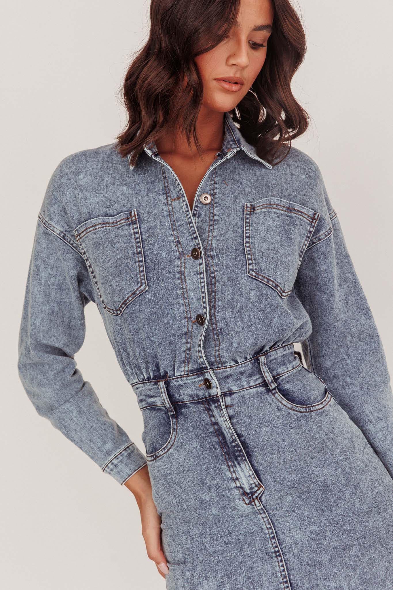 Light Inside Long Sleeve Midi Dress Denim Blue