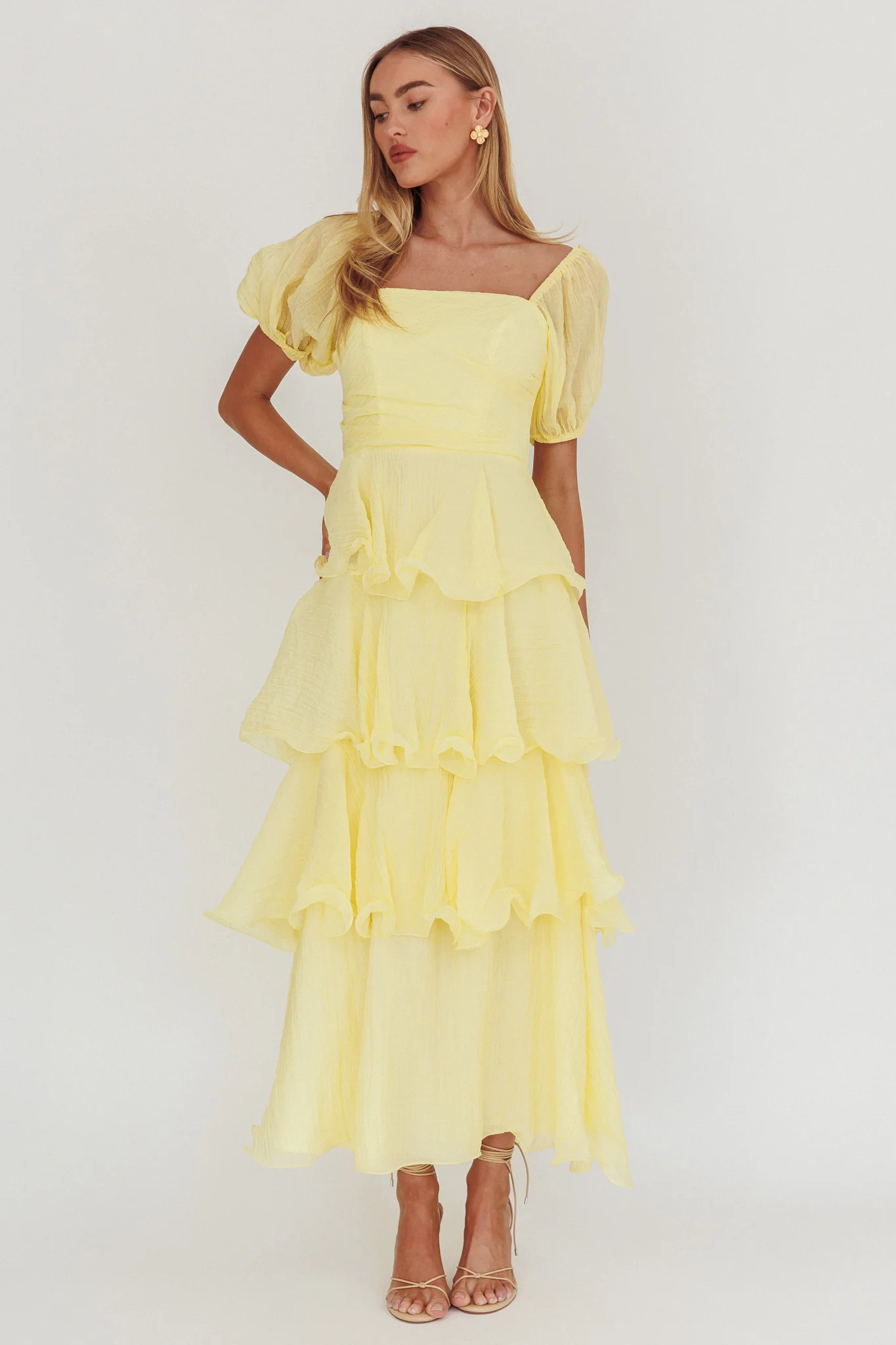 Giavana Puff Sleeve Layered Maxi Dress Lemon