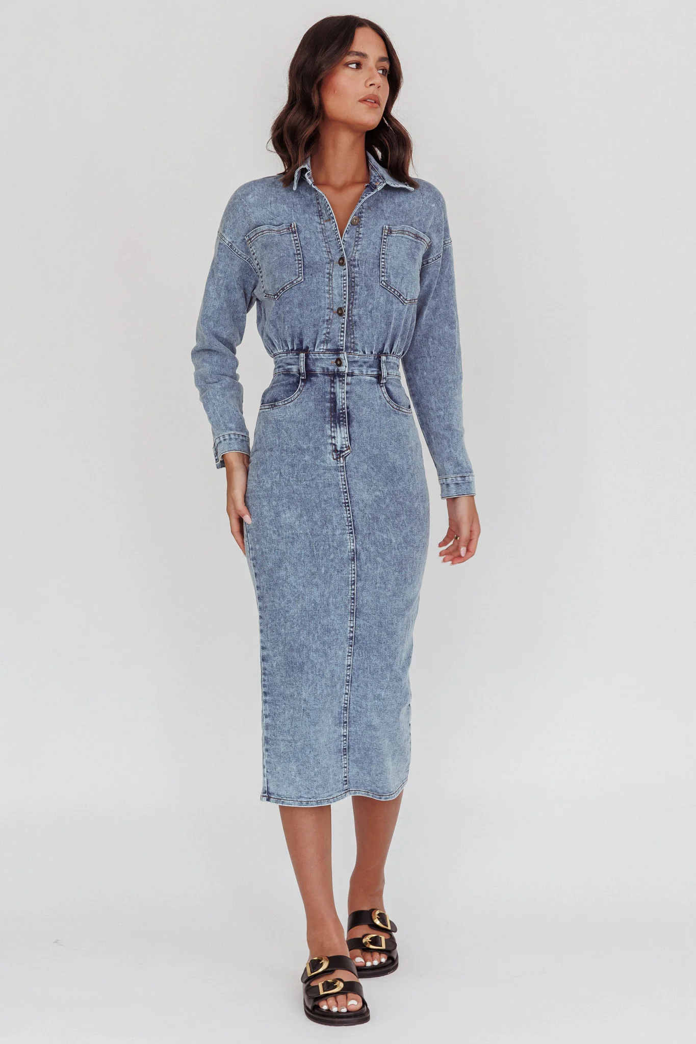 Light Inside Long Sleeve Midi Dress Denim Blue