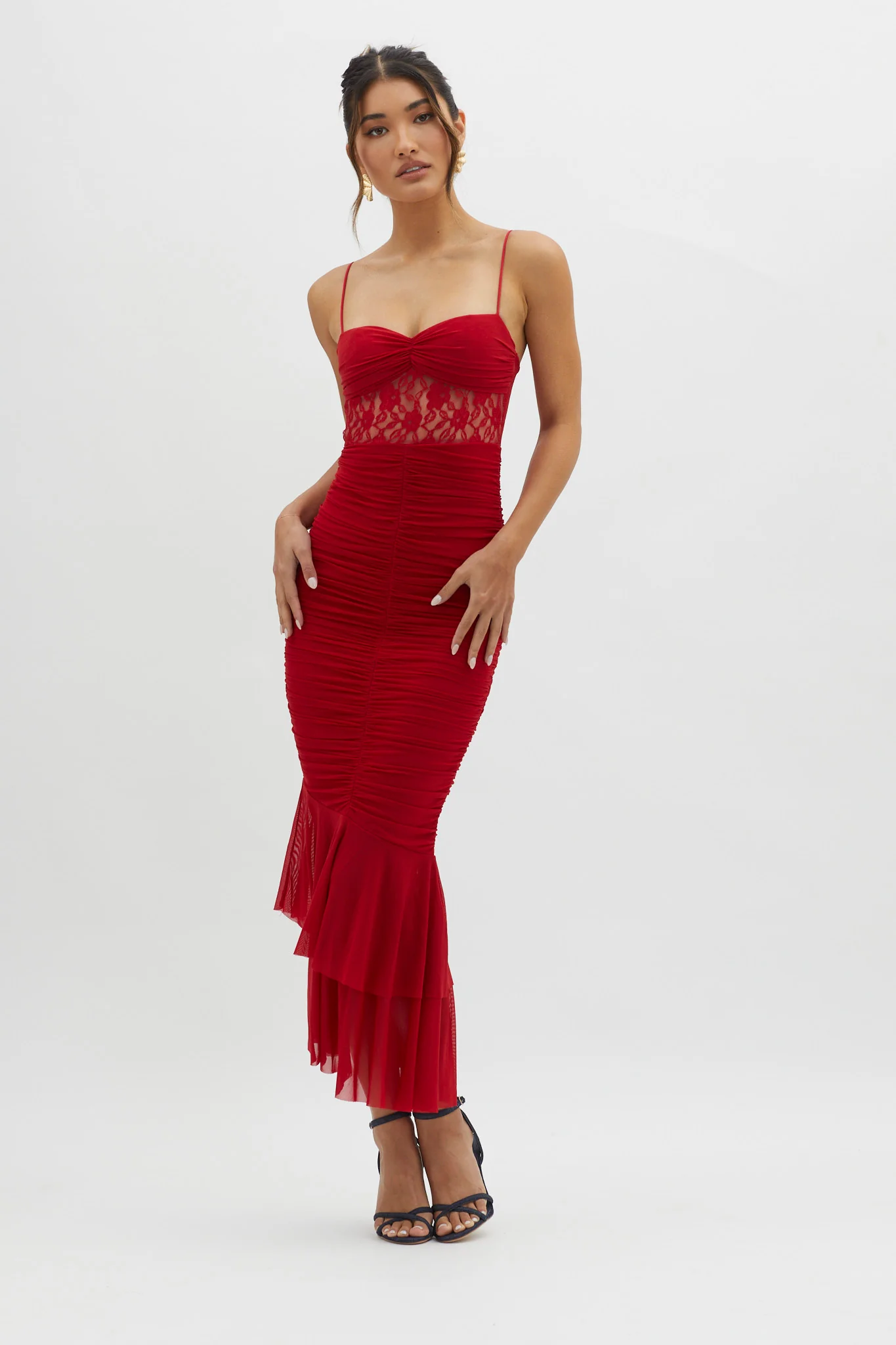 Cherubim Lace Insert Ruched Midi Dress Red