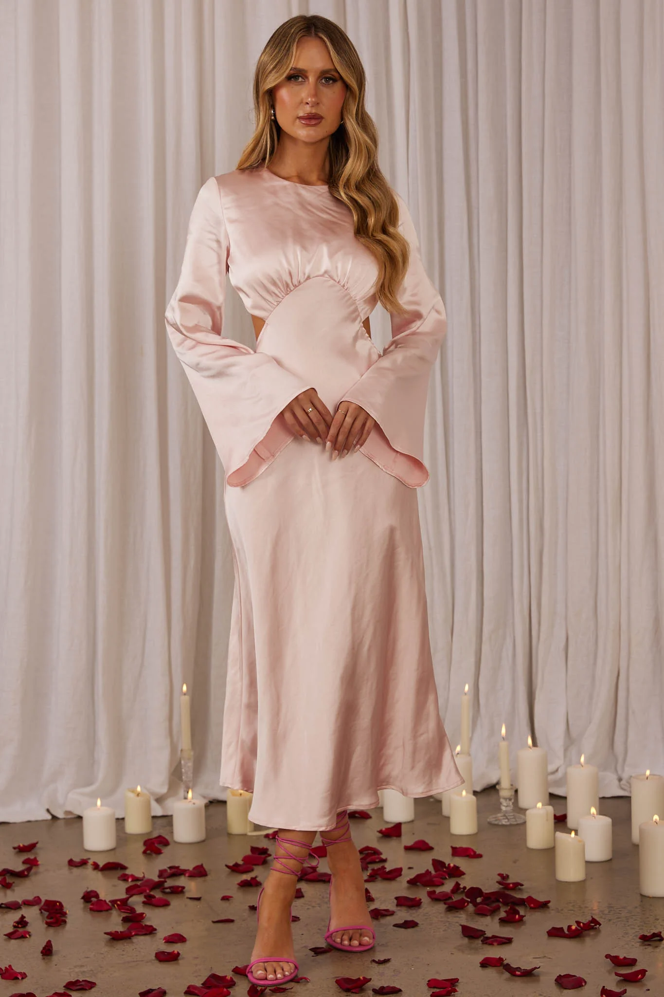 Doting Bell Sleeve Cut-Out Midi Dress Blush