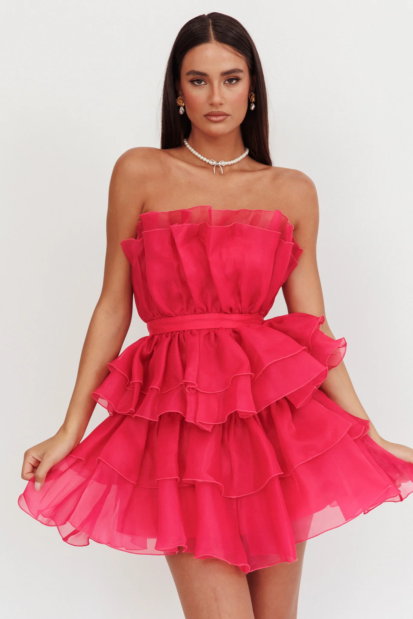Bon Bon Tiered Chiffon Mini Dress Fuchsia
