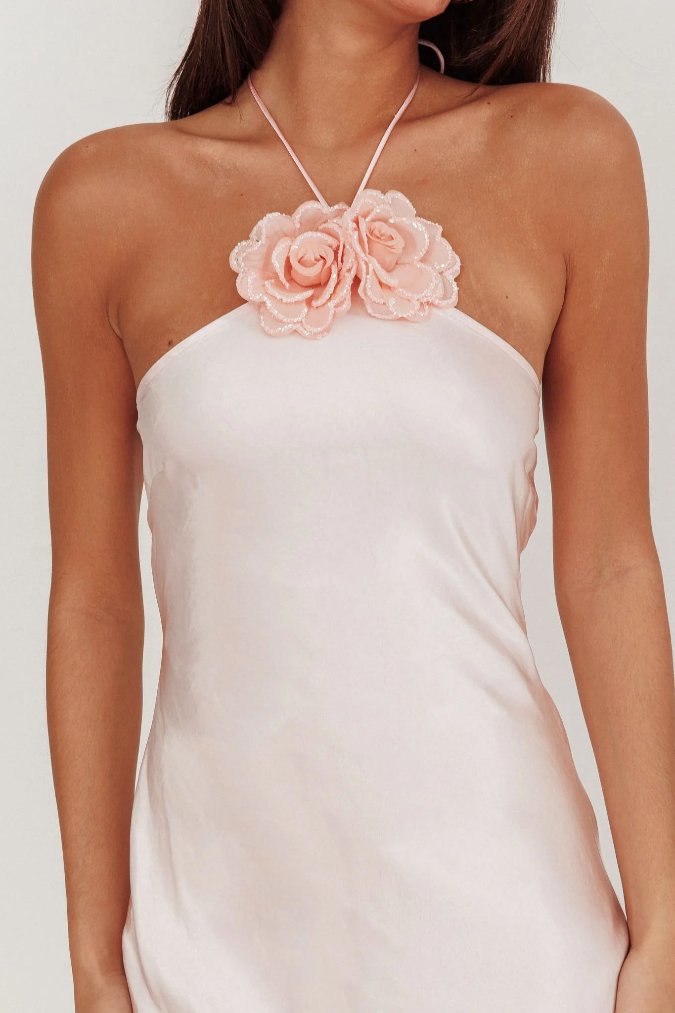 High Roller Flower Decoration Halter Dress Baby Pink
