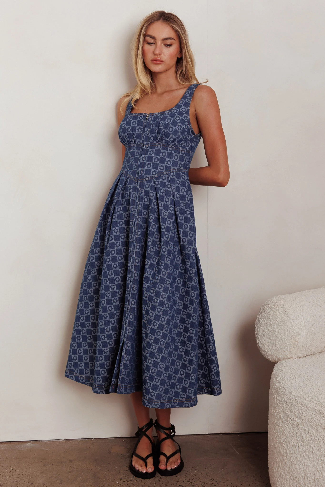 Hair Down Square Neck A-Line Midi Dress Floral Denim