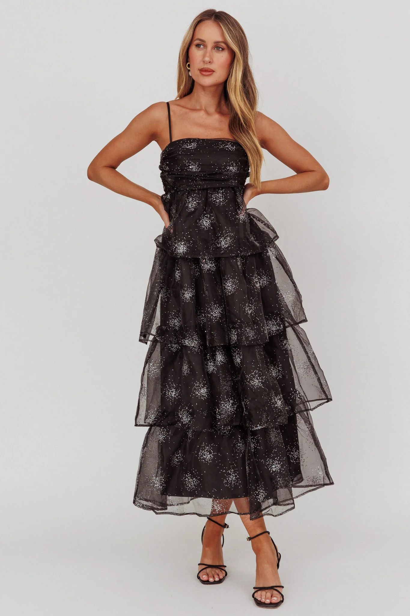 Morina Tiered Maxi Dress Glitter Black