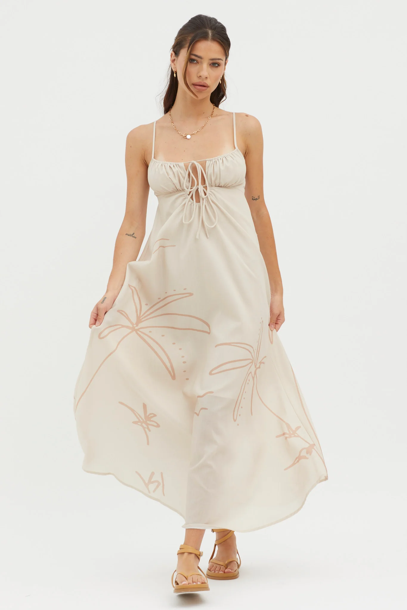 Yuki Tied Bust Midi Dress Sand