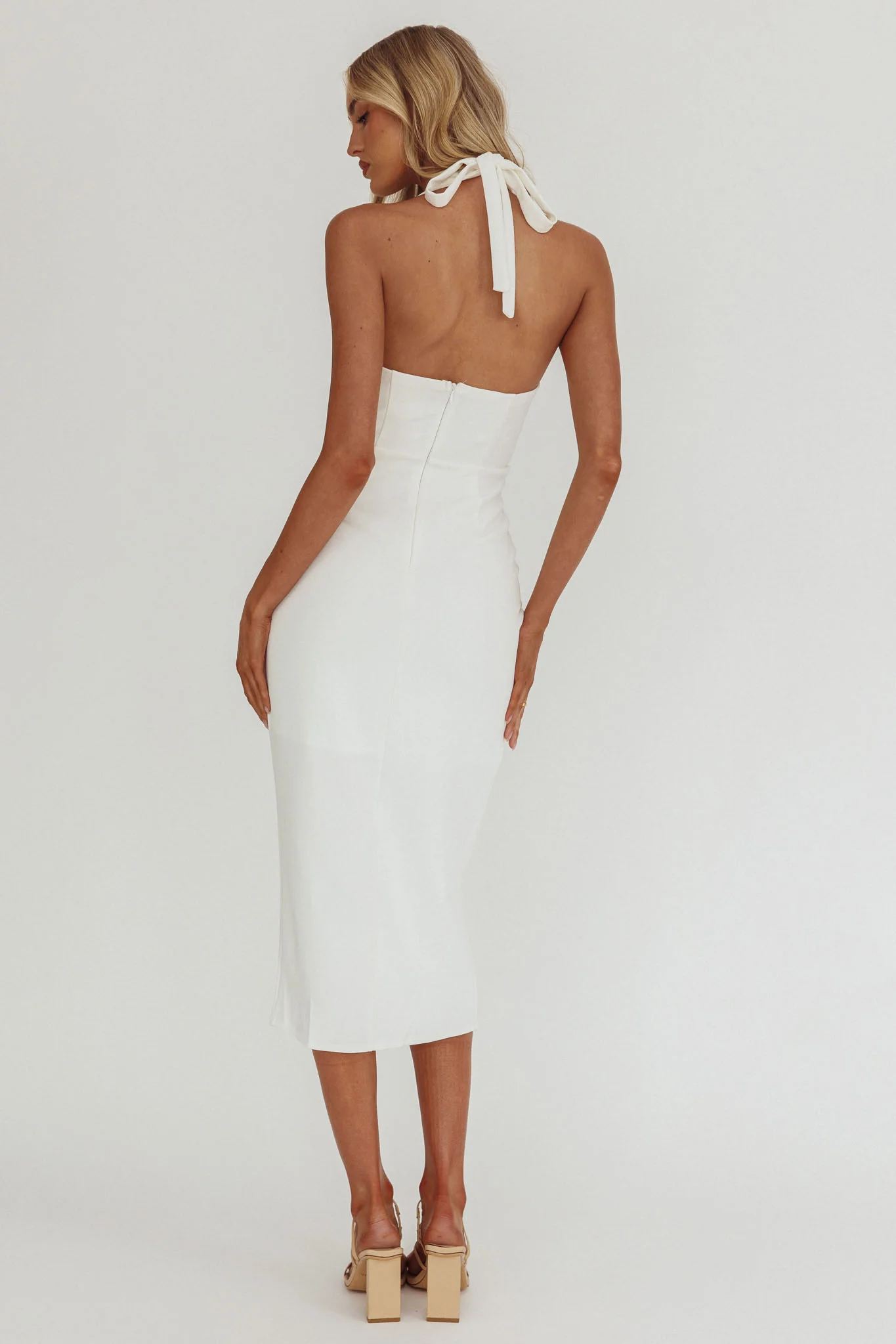 Remember This Halterneck Gathered Pleat Side Knee Length Dress White