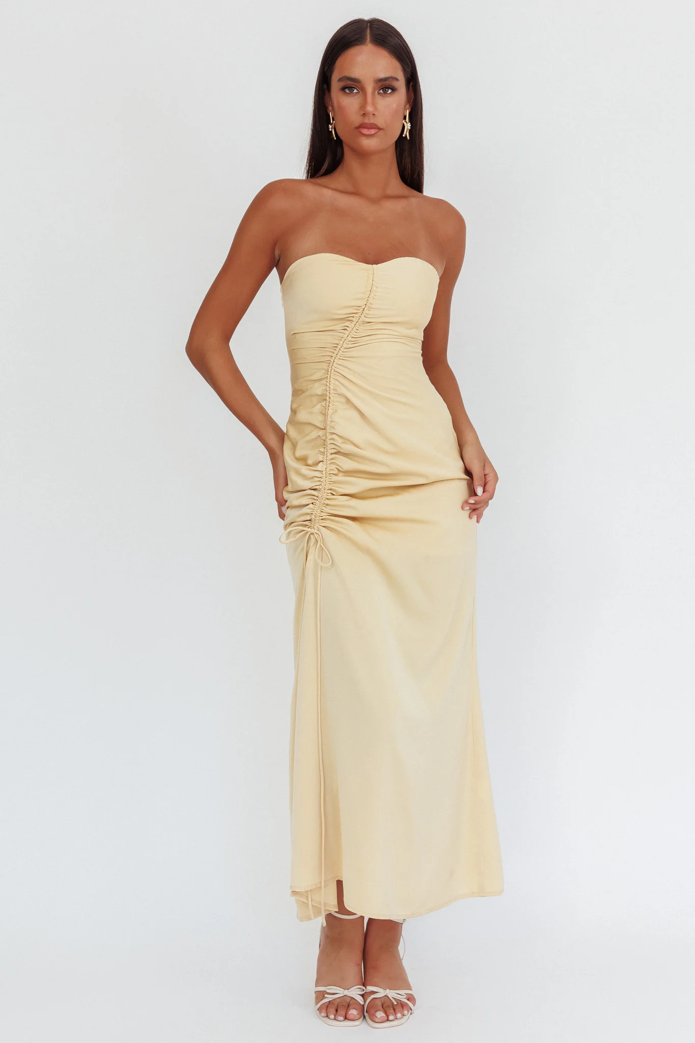 Molinda Strapless Ruched Drawstring Maxi Dress Golden