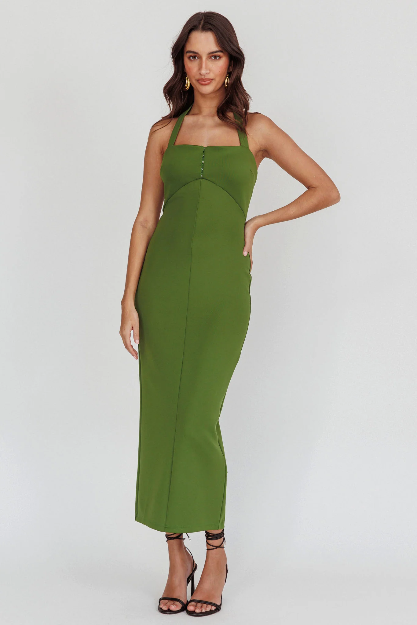 Goldfoil Halter Neck Maxi Dress Olive