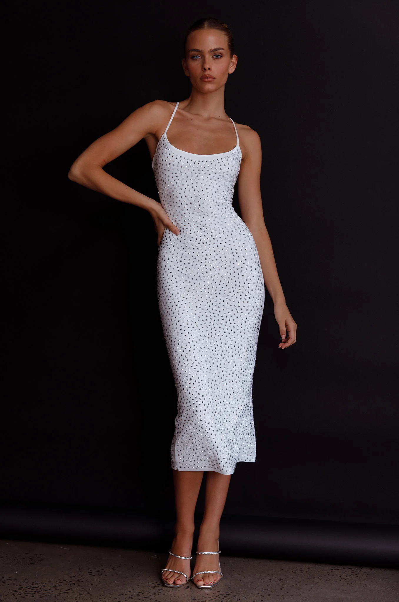 Goodnight Kiss Strappy Back Embellished Midi Dress Ivory