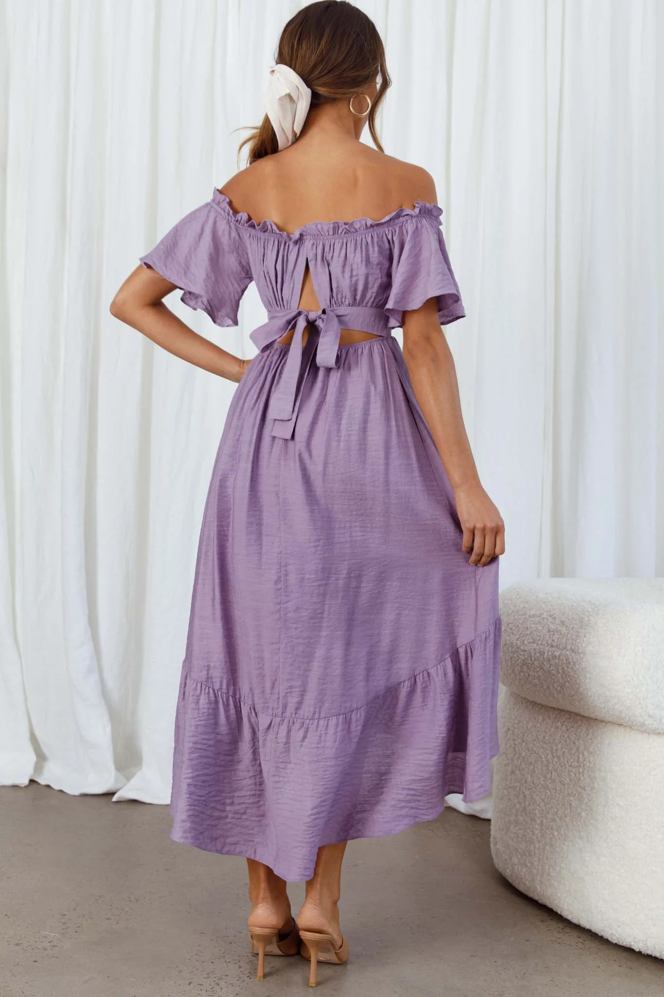 Dandelion Off-Shoulder Tied Back Midi Dress Purple