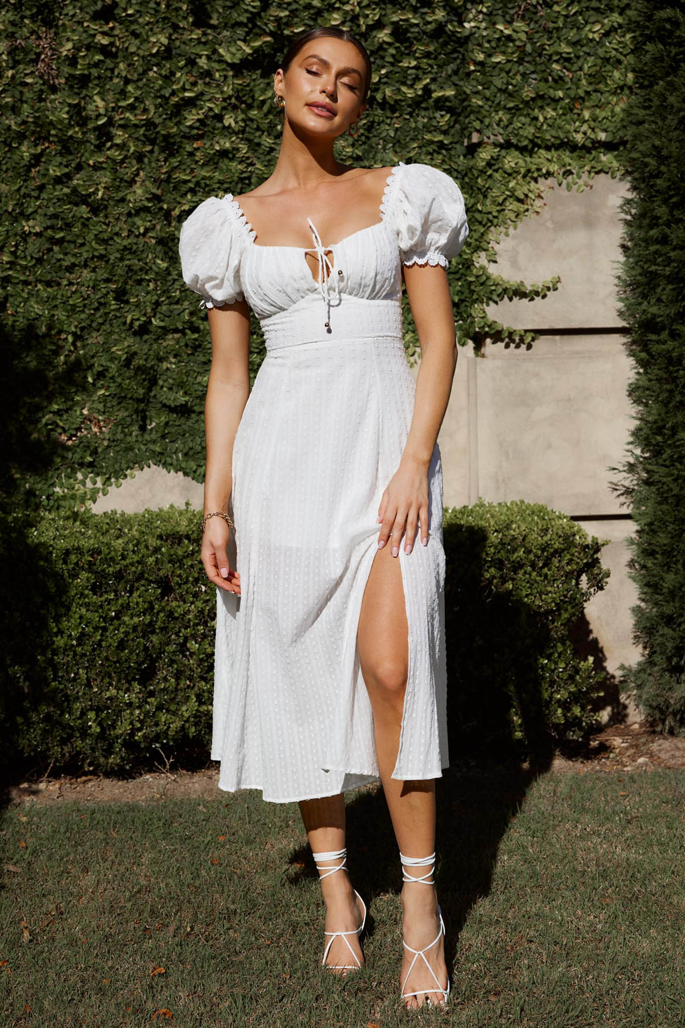 Chablis Gathered Bust Puff Sleeve Midi Dress White