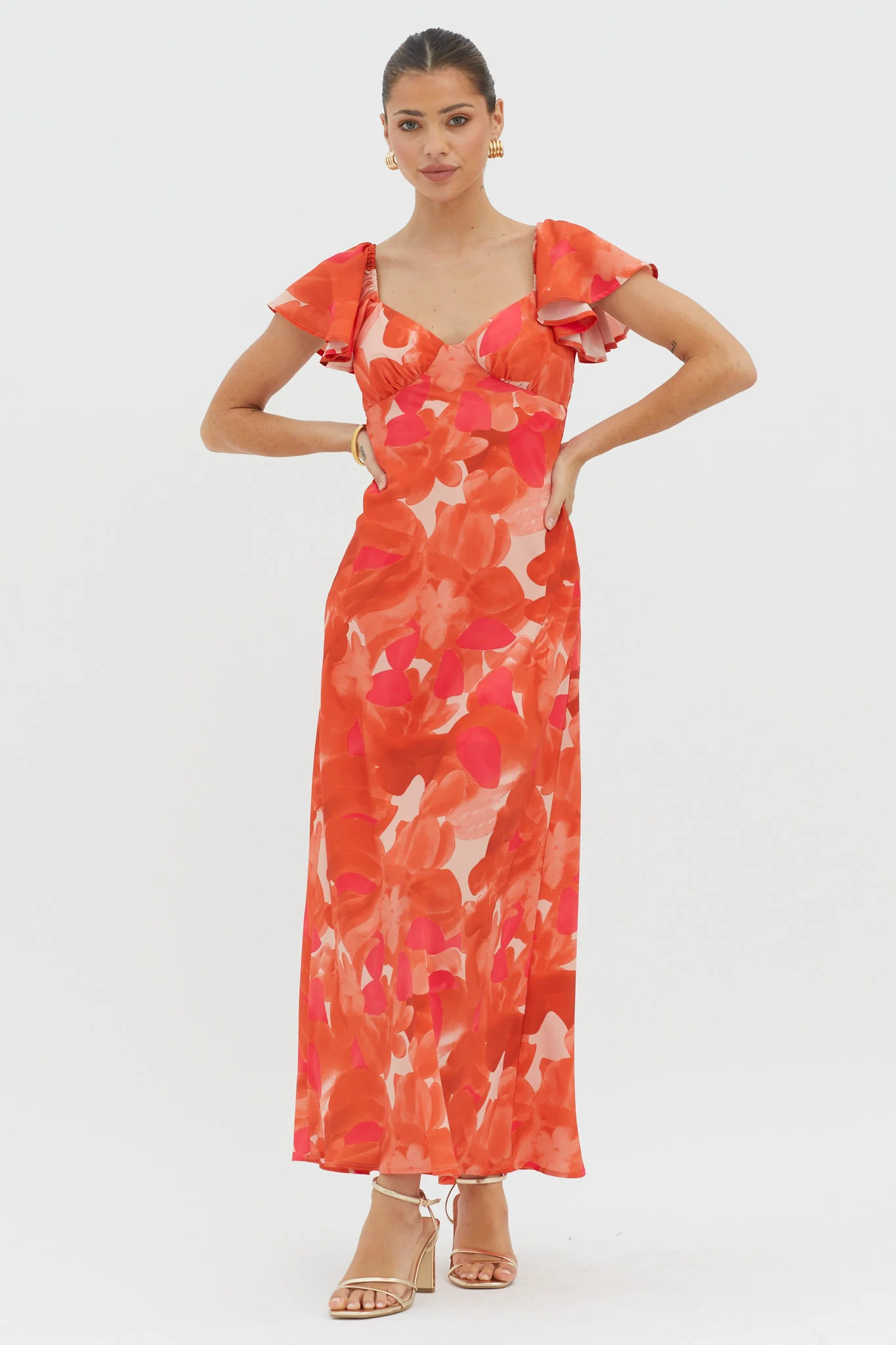 Park Avenue Flutter Sleeve Midi Dress Abstract Orange