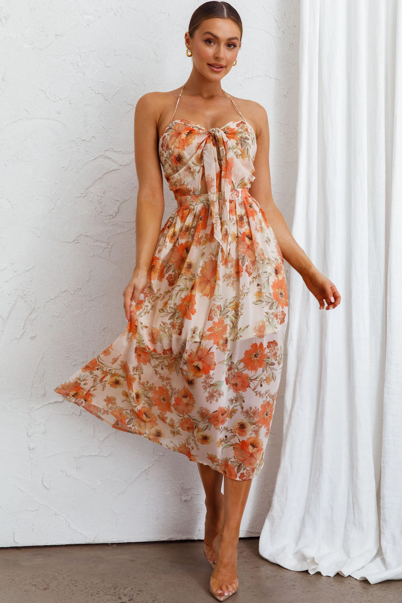 Los Feliz Tied Bust Halterneck Midi Dress Floral Beige