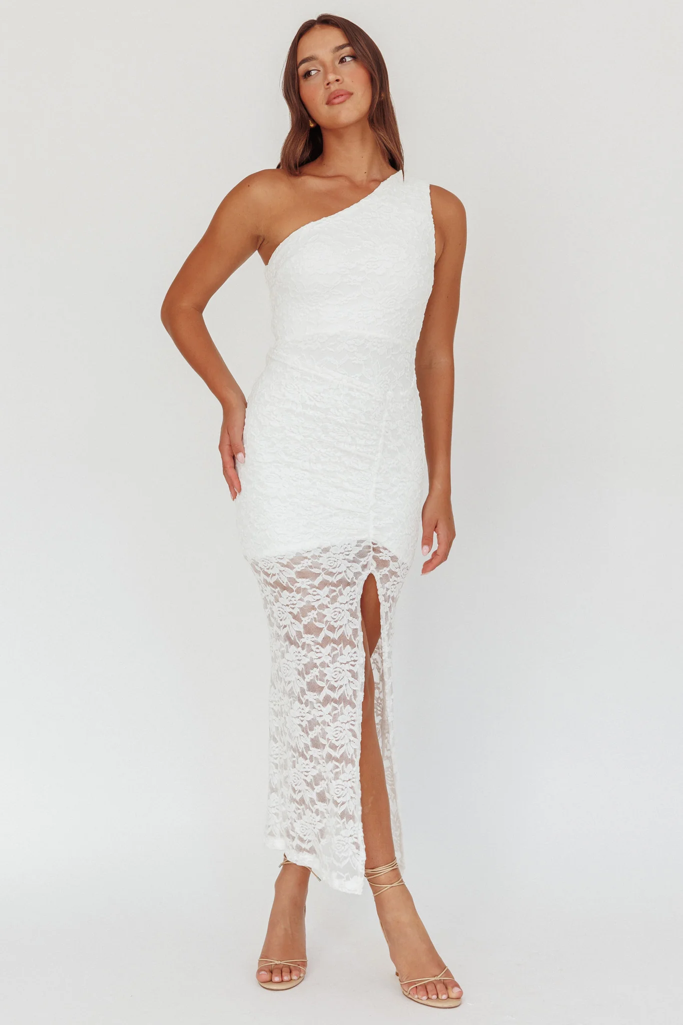 Lingering Love One-Shoulder Split Midi Dress Lace White