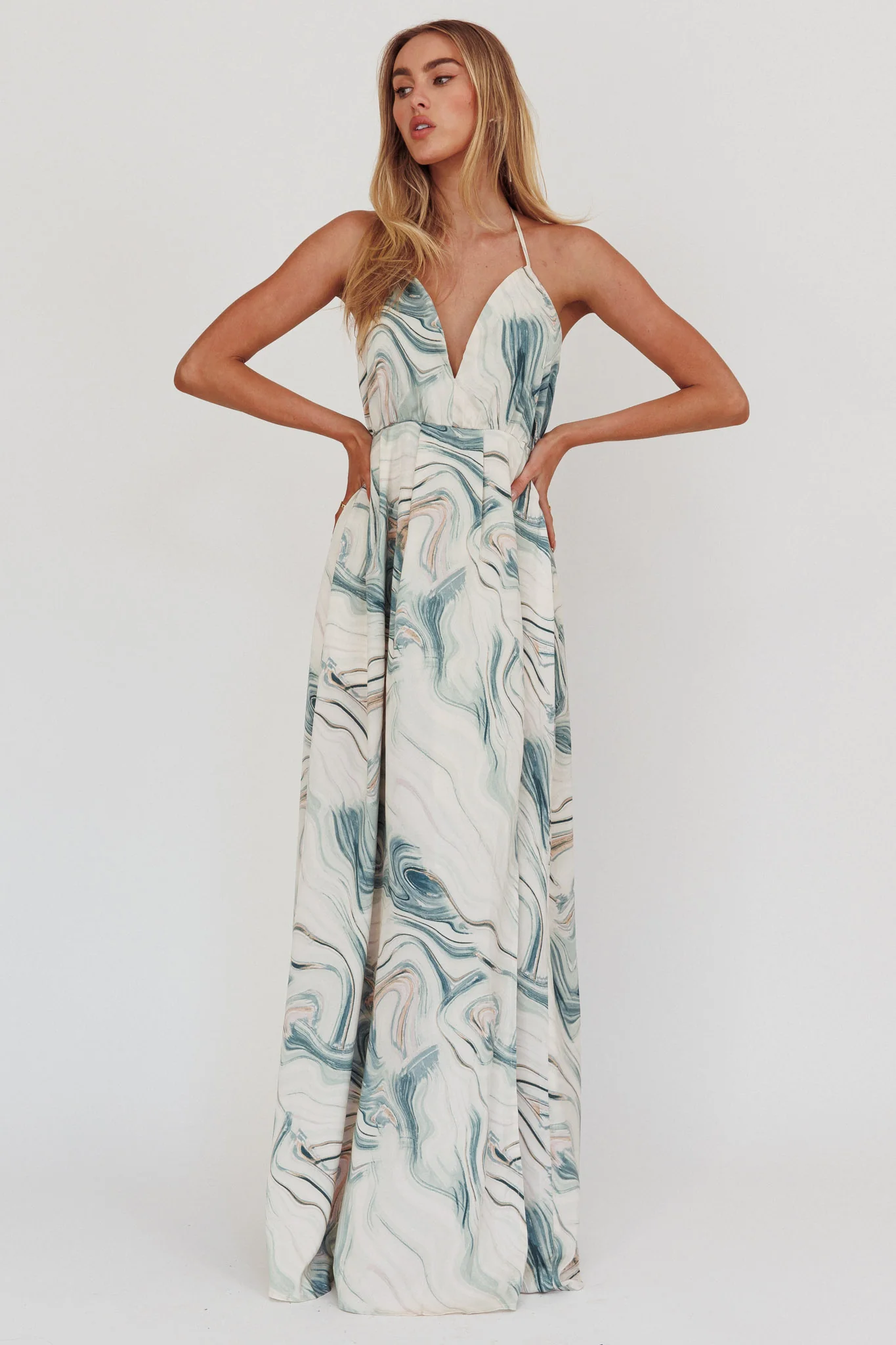 Snooze Marble Print Backless Maxi Dress Teal