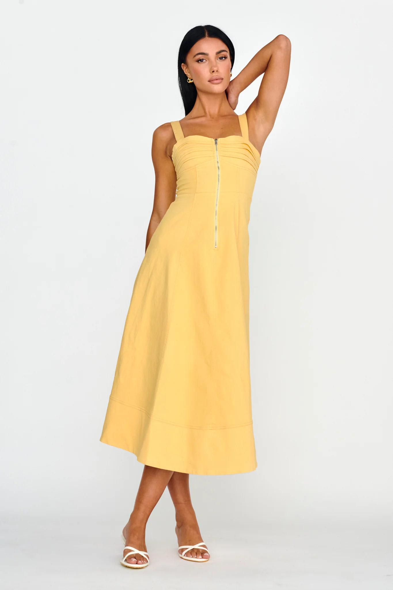 Emilio Pleated Bust A-Line Midi Dress Yellow