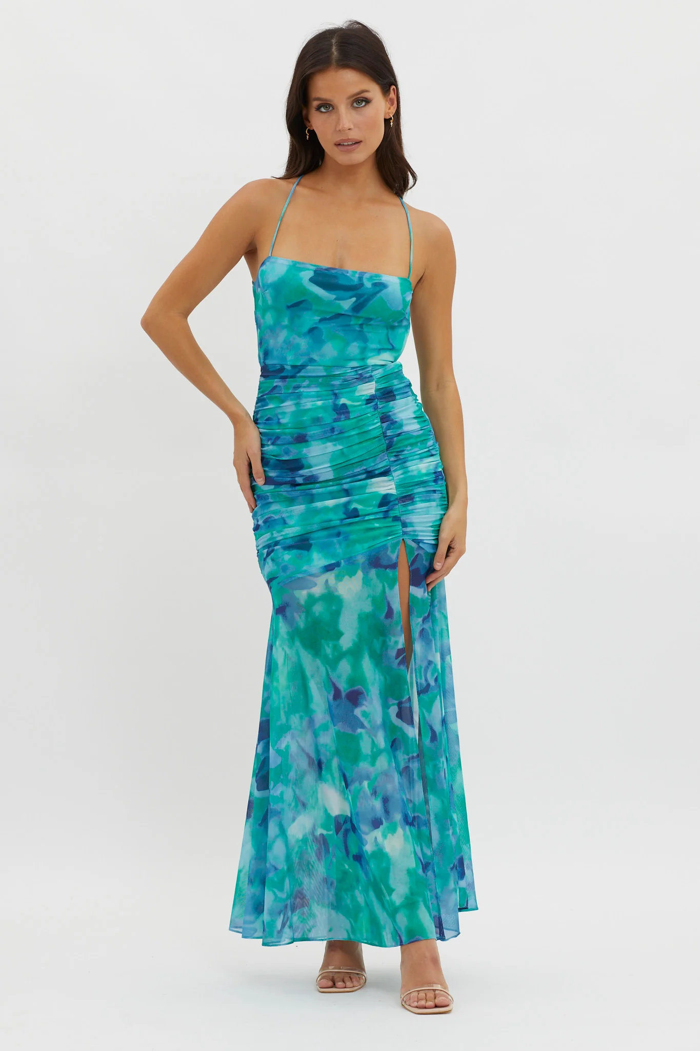 Apryl Ruched Lace-Up Back Dress Green