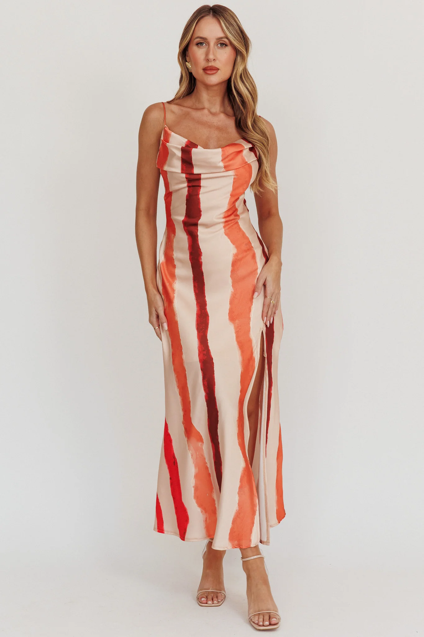 Blondine Cowl Bust Split Maxi Dress Peach