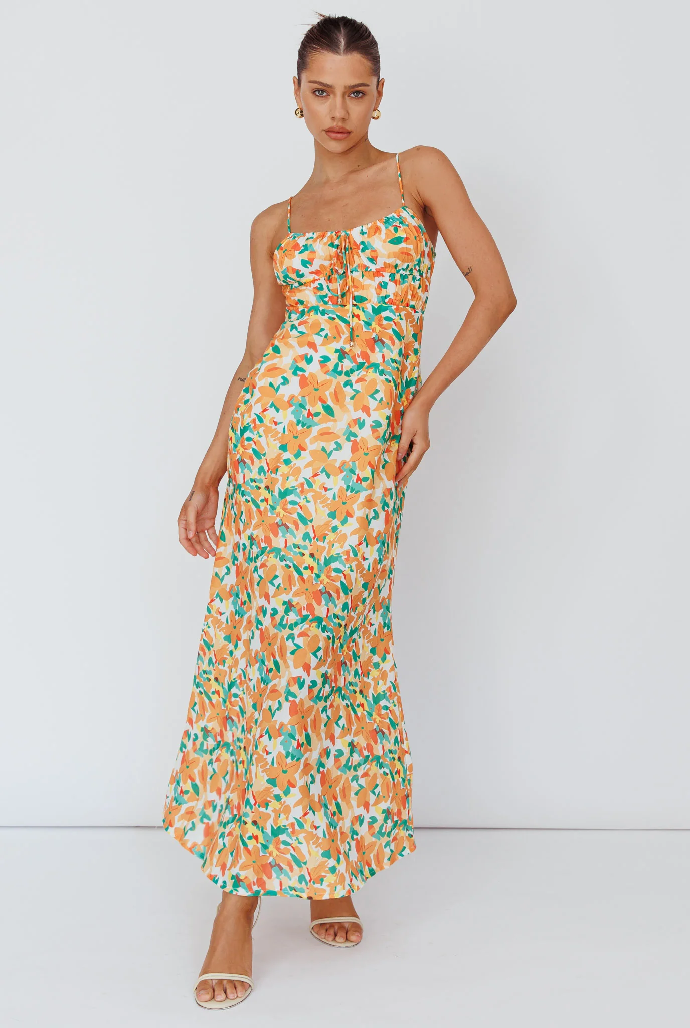 Solstice Noon Tied Bust Midi Dress Print Orange