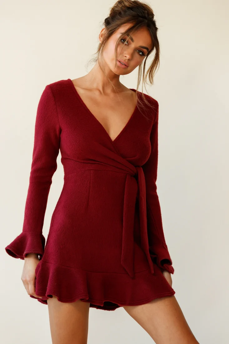 Shalini Flared Cuff Surplice Neckline Knit Dress Wine