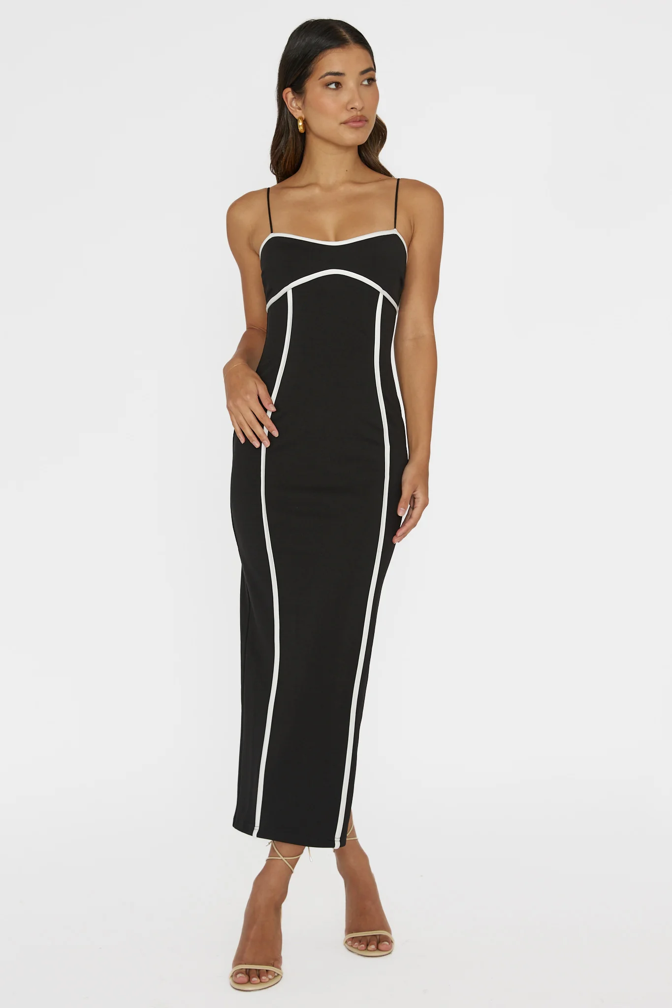Justyna Contrast Piping Trim Midi Dress Black